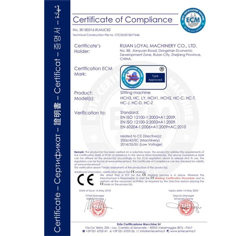 LOYAL MACHINERY passed the CE certification of Italian ECM company