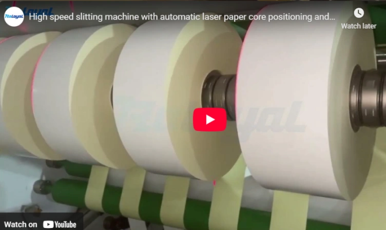 High speed slitting machine with automatic laser paper core positioning and automatic pushing